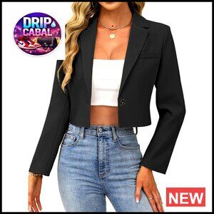 Cropped Blazer Business Casual Open Front Long Sleeve One Button Jacket